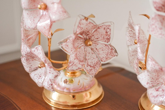 A Pair of Vintage Pink Murano Glass Flower Table Lamps, Italy, 1970s – Gold, Italian Design (photo 7 of 10)