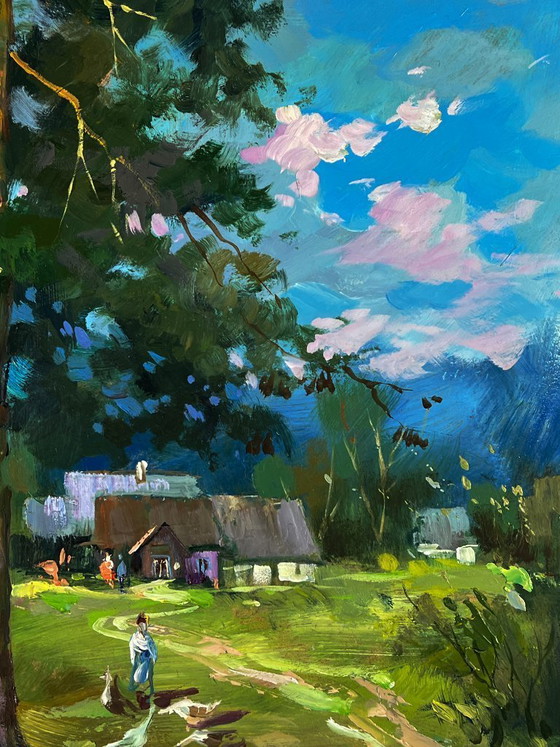 Image 1 of Original Oil Painting Nature Landscape Countryside Swamps near the Village
