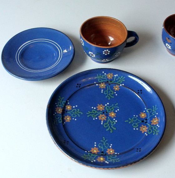 Image 1 of 2 Kaffeegedecke Keramik dunkelblau handgetöpfert handbemalt