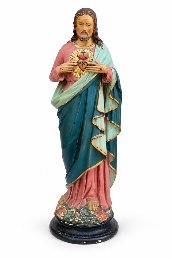 Große antike französische Herz-Jesu-Statue von Puccini, 62 cm, um 1900 – Bildhauerei, Other (photo 2 of 10)