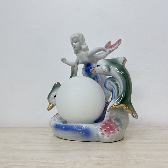 Image 1 of Dolfijn en zeemeermin Kleurrijk keramiek Vintage Tafellampje, 1970