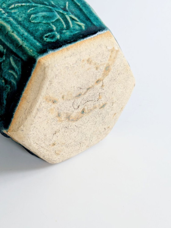 Image 1 of Pot à gingembre Shiwan chinois vintage, récipient hexagonal en faïence émaillée verte, pièce de collection