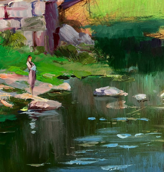 Image 1 of Original Oil Painting Village Bridge Landscape Relaxing by the river on a summer day