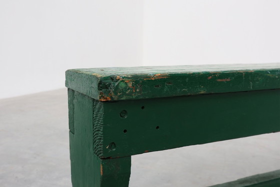 Image 1 of Panca rustica primitiva verde in rovere massiccio, Francia ca. 1900