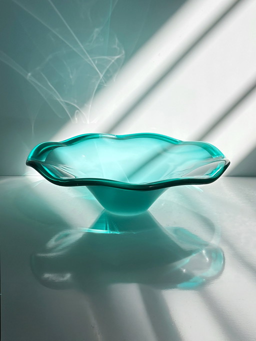 Grande coupe à fruits Vintage Murano Opalina Turquoise Sommerso Barovier Toso Mint Vert bulles Italie années 1980