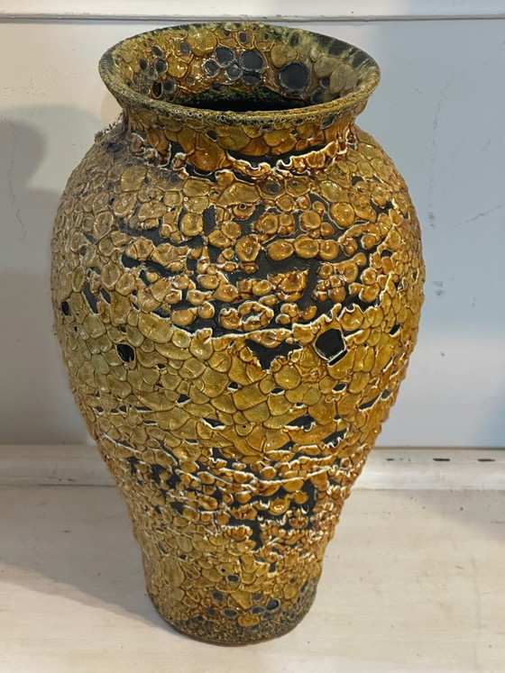Large textured glazed ceramic vase, 60s/70s - H 40 cm, Yellow (photo 7 of 11)