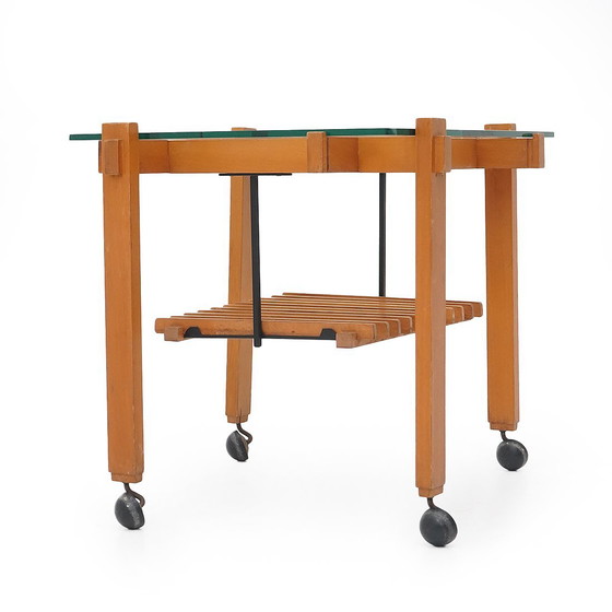 Image 1 of Wooden and glass coffee table with wheels, 1960s
