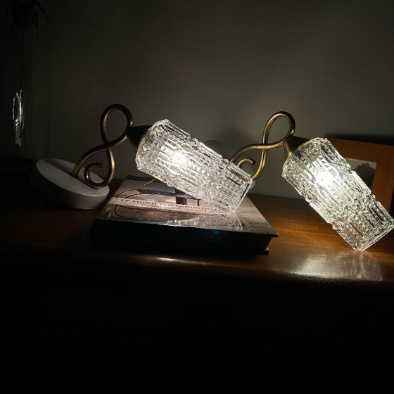 Image 1 of Coppia di applique a collo d'oca in ottone con paralumi a tulipano in vetro trasparente