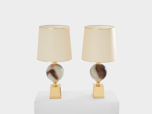 Philippe Barbier pair of large ceramic and brass table lamps 1970s