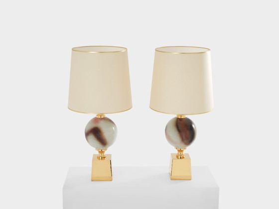 Image 1 of Philippe Barbier pair of large ceramic and brass table lamps 1970s