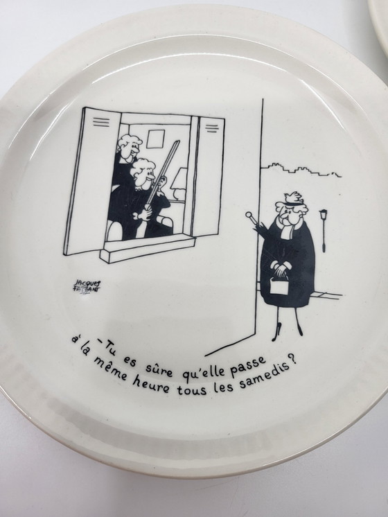 Image 1 of Sprechende Teller Saint Amand Illustration von Jacques Faizant Fayence Frankreich 1970 (6er Set)