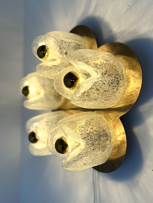 Vintage Brass & Ice Crystal Glass Wall Lights, Doria Leuchten '70