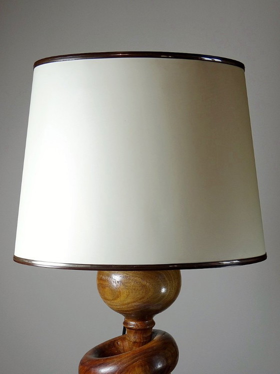 Image 1 of Impressive vintage Scandinavian style lamp, designed in carved turned wood with a ring