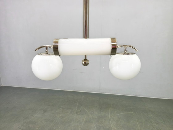 Image 1 of Exceptional Bauhaus Chrome Chandelier with Glass Shades, 1930s