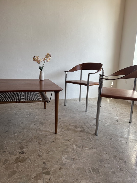 Image 1 of 1x Originele "Gustav Bahus jaren 60" salontafel van teakhout met papieren koordplank, Noorwegen!!