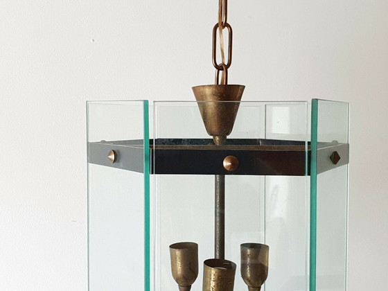 Image 1 of Vintage hanglamp uit de jaren 50 van glas en messing in rockabilly-stijl