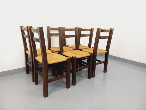 Image 1 of Set of 6 vintage brutalist chairs in solid oak and straw from the 60s