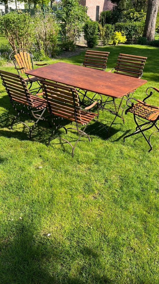 Image 1 of Set Art Nouveau tuinmeubelen in hout en smeedijzer - tafel en 6 stoelen