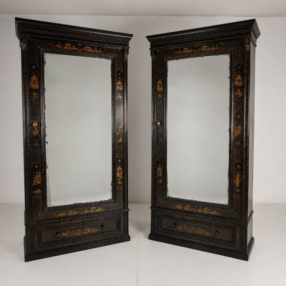 Image 1 of A pair of 19th-century Chinoiserie-style linen cupboards/wardrobes.