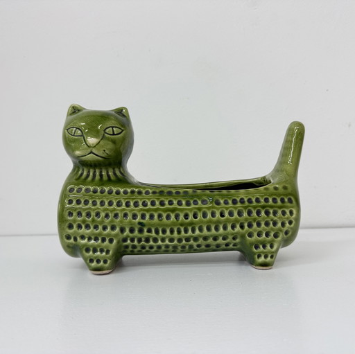 Vintage Cat Flower Pot Green Ceramic, 1970 Retro