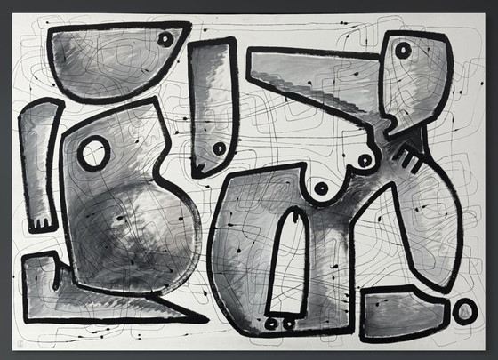 Image 1 of Gigantisch kubistisch schilderij op canvas "Interieurarchitectuur" 140 x 100 cm