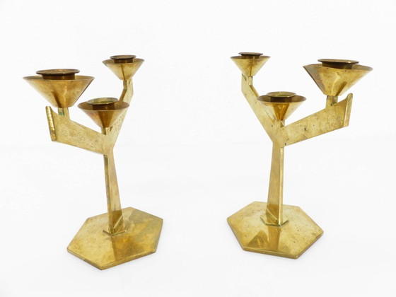 Image 1 of Coppia di candelieri modernisti a tre bracci in ottone massiccio, circa 1960