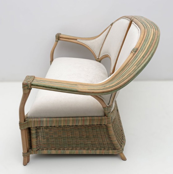 Image 1 of Mid-century Modern Italian Rattan and Wicker Two Armchairs and Sofa, 1970s