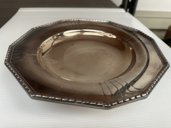 Image 1 of Coupe - Centre de Table Art-Déco en Métal Argenté Forme Octogonale