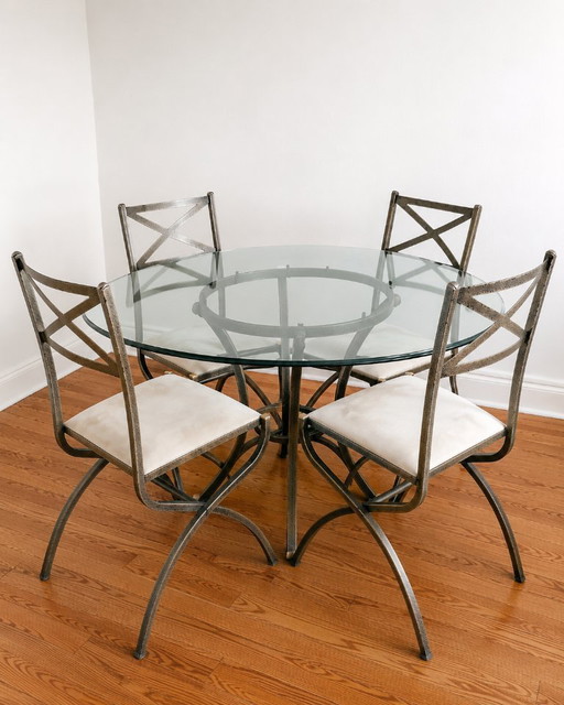 Pierre Vandel Paris – Round Glass Table + 4 Chairs, Certificates – eettafels, Metal (photo 2 of 6)