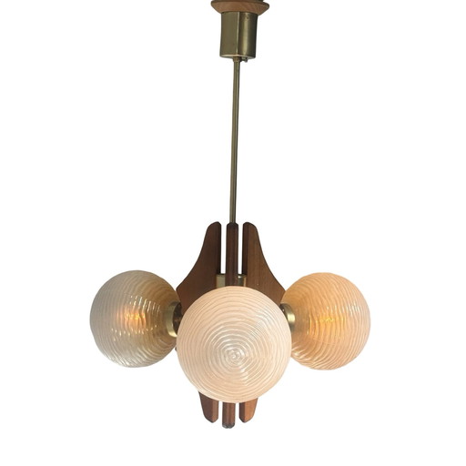 Hanging pendant - Model Sputnik - Wooden base, brass details and three glass domes - Mcm / Space Age Design