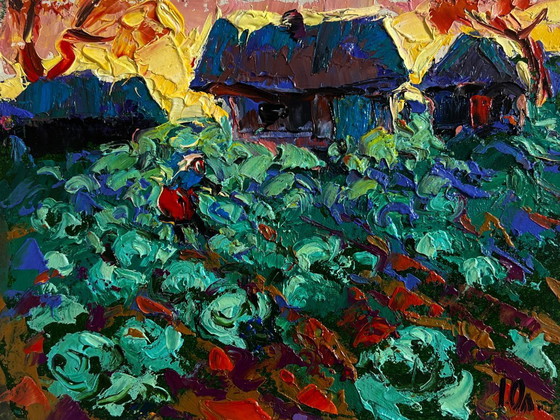 Image 1 of Original Oil Painting Sunset Village Landscape In the evening in the garden