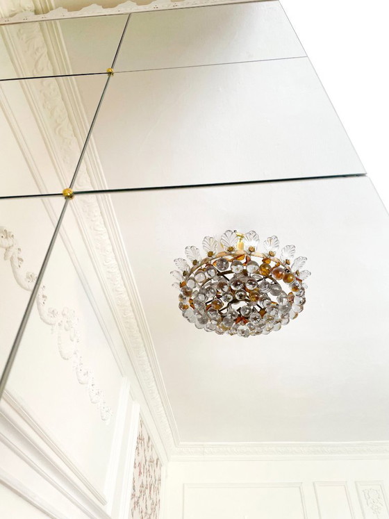Image 1 of 1960s Murano Glass Chandelier, Orange & Clear Glass Leaves, Solid Brass Spanish Vintage Ceiling Light
