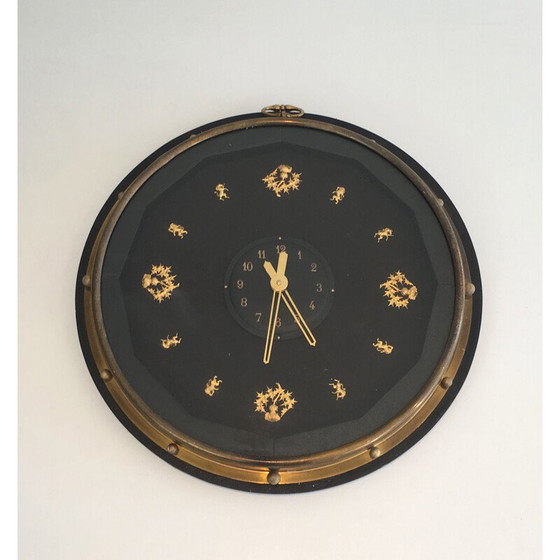 Image 1 of Round black and gold vintage wall clock, 1950