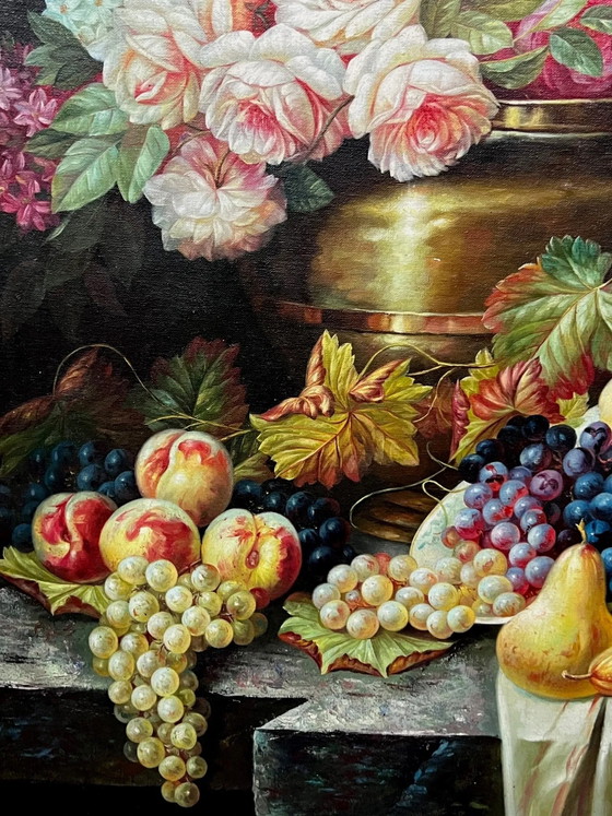 Still life signed with flowers and fruits. Oil on canvas., Paintings & Drawings (photo 7 of 11)