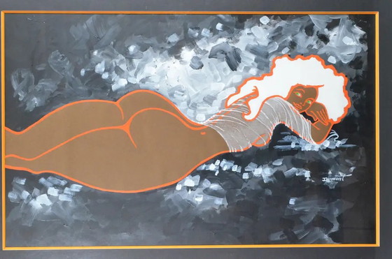 Marc Dumont “Nu Orange” Frans Modernistisch Vrouwelijk Naakt Acrylschilderij – Schilderijen & Tekeningen (photo 3 of 12)