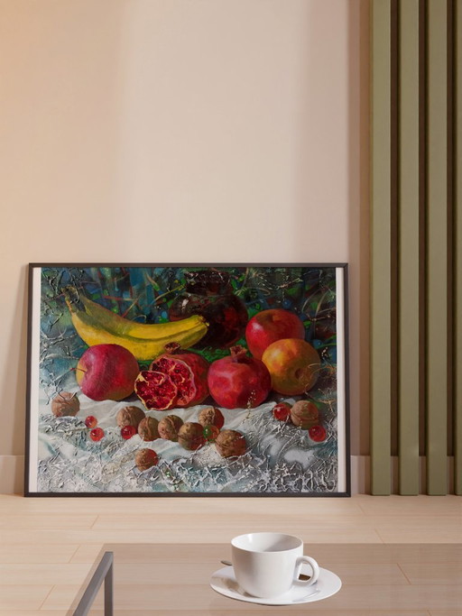Original Oil Painting Abstract Fruits Banana Pomegranate Still Life – schilderijen tekeningen, Canvas (photo 2 of 11)