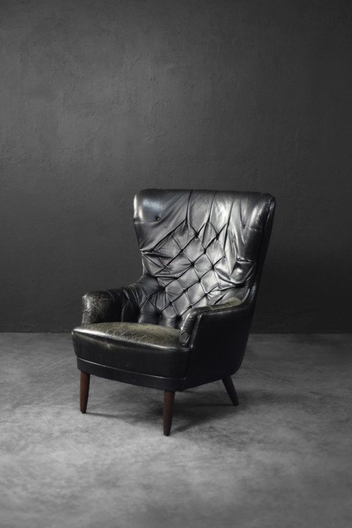 Vintage Mid Century Deense Moderne Gequilte Zwart Leren Wing Stoel, 1960