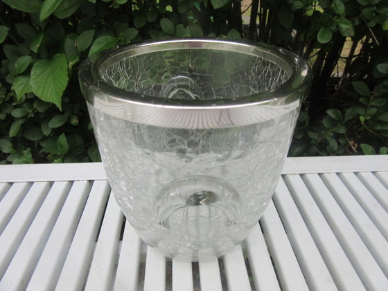 Image 1 of Crackle Glass Ice Bucket and 2 Matching Long Drink Glasses, mid century modern