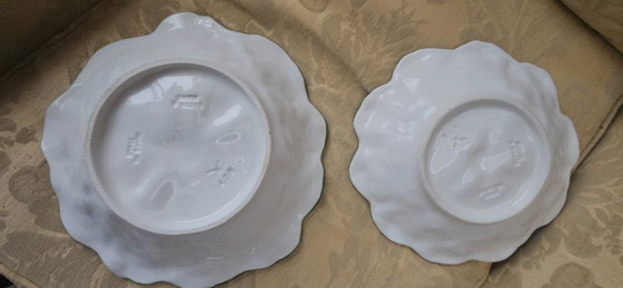 Set van twee blad-vormige schalen, groen, Majolica, Keramiek (foto 5 van 5)