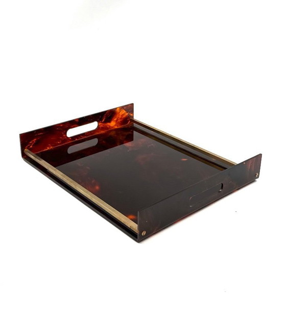 Image 1 of Hollywood Regency dienblad van messing en lucite met schildpadmotief, Italië, jaren 70.