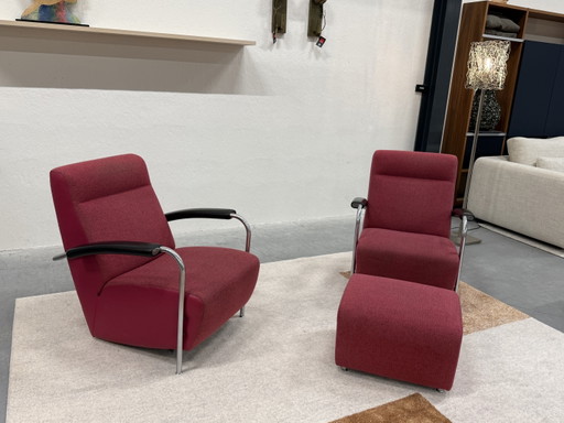 2 Leolux Scylla high armchair with ottoman, pink fabric leather