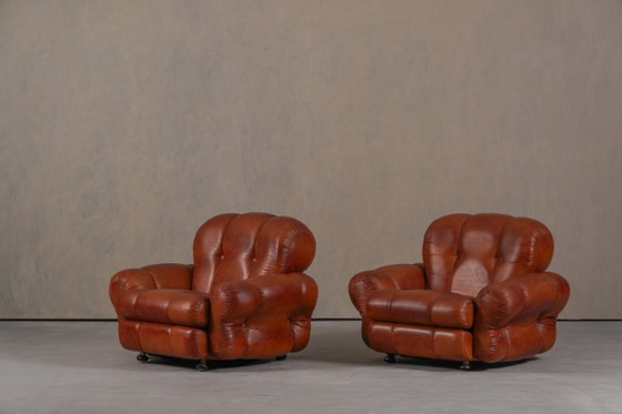 Image 1 of Fauteuils club italiens vintage en similicuir cognac, Italie, années 1970, lot de 2
