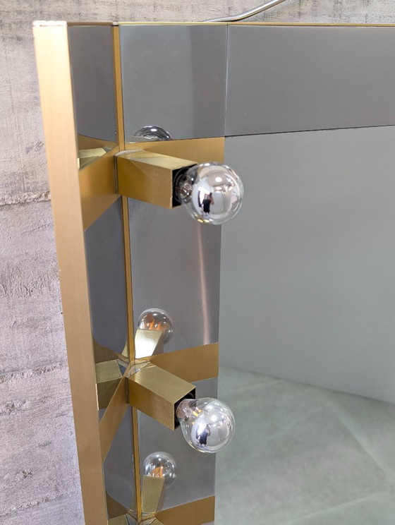 Gaetano Sciolari Mid-Century Modern Illuminated Vanity Wall Mirror in Chrome and Brass, Italy, 1970s – Glass (photo 9 of 18)