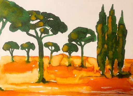 Quadro Firmato Paesaggio 'Alba Provenzale nella Pineta' – kunst, Paper