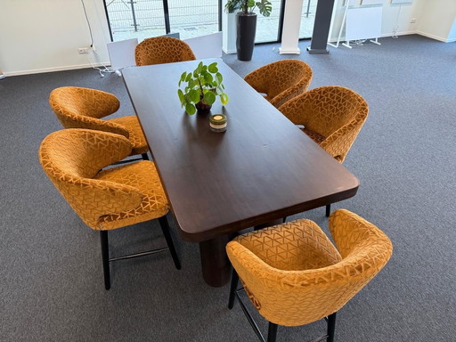 Richmond hoge tafel kersenhout 97x219cm set met 6 stoelen indigo triangle zithoogte 68 cm