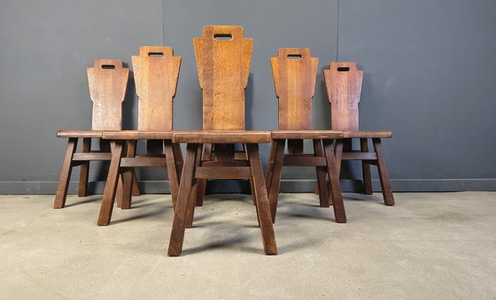 Image 1 of Vintage eikenhouten brutalistische stoelen, jaren 70, set van 6