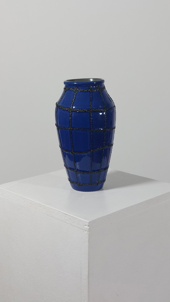 Image 1 of Vintage Ceramic Vase Fat Lava Spiderweb Blue