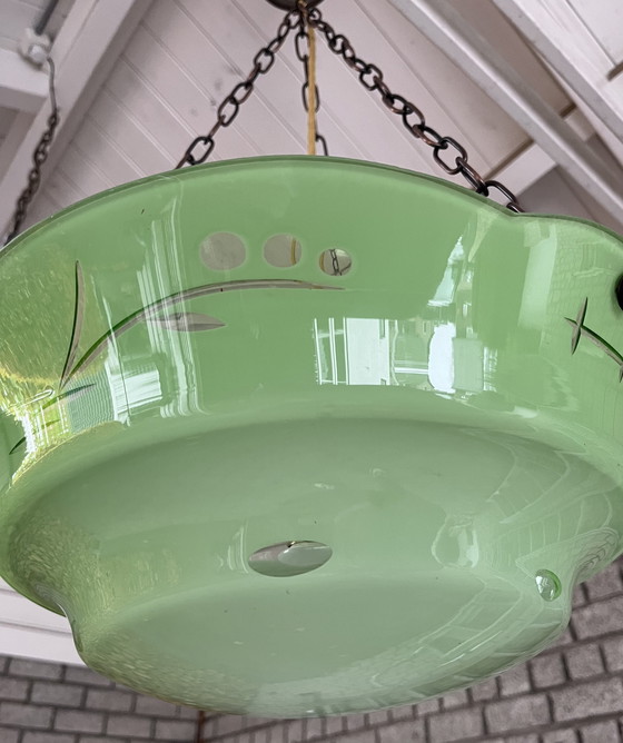 Image 1 of Art Deco Hanglamp glas groen jaren 1930s.