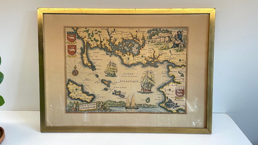 CARTE Marine OCEAN Atlantique Vintage ENCADREMENT Feuille d'Or