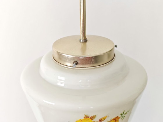 Image 1 of Vintage Floral Glass Pendant Light / Mid Century Hanging Lamp / Retro Ceiling Light / Vintage Kitchen Lighting / 1970s